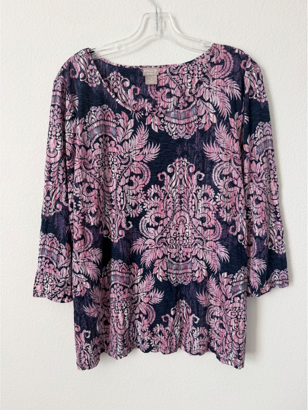 Chico’s 3/4 Sleeve Scoop Neck Purple Tone Damask/Paisley Blouse Size 2 (12/14)